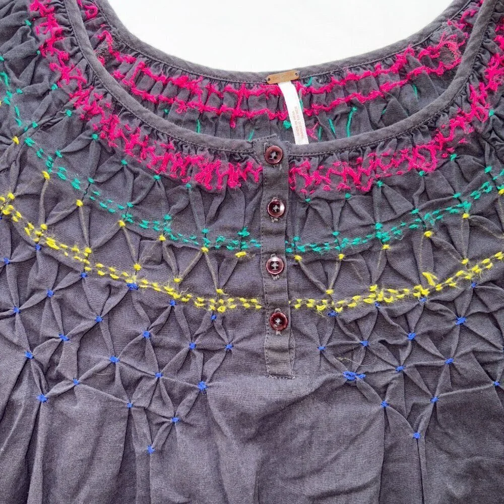 Free People Charcoal Gray Embroidered Smocked Peasant Boho Blouse Size Small